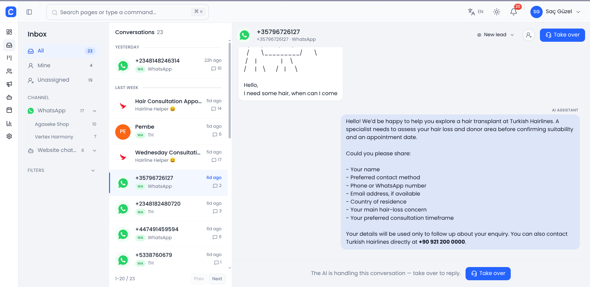 Campa shared team inbox with AI assistant handling a WhatsApp conversation